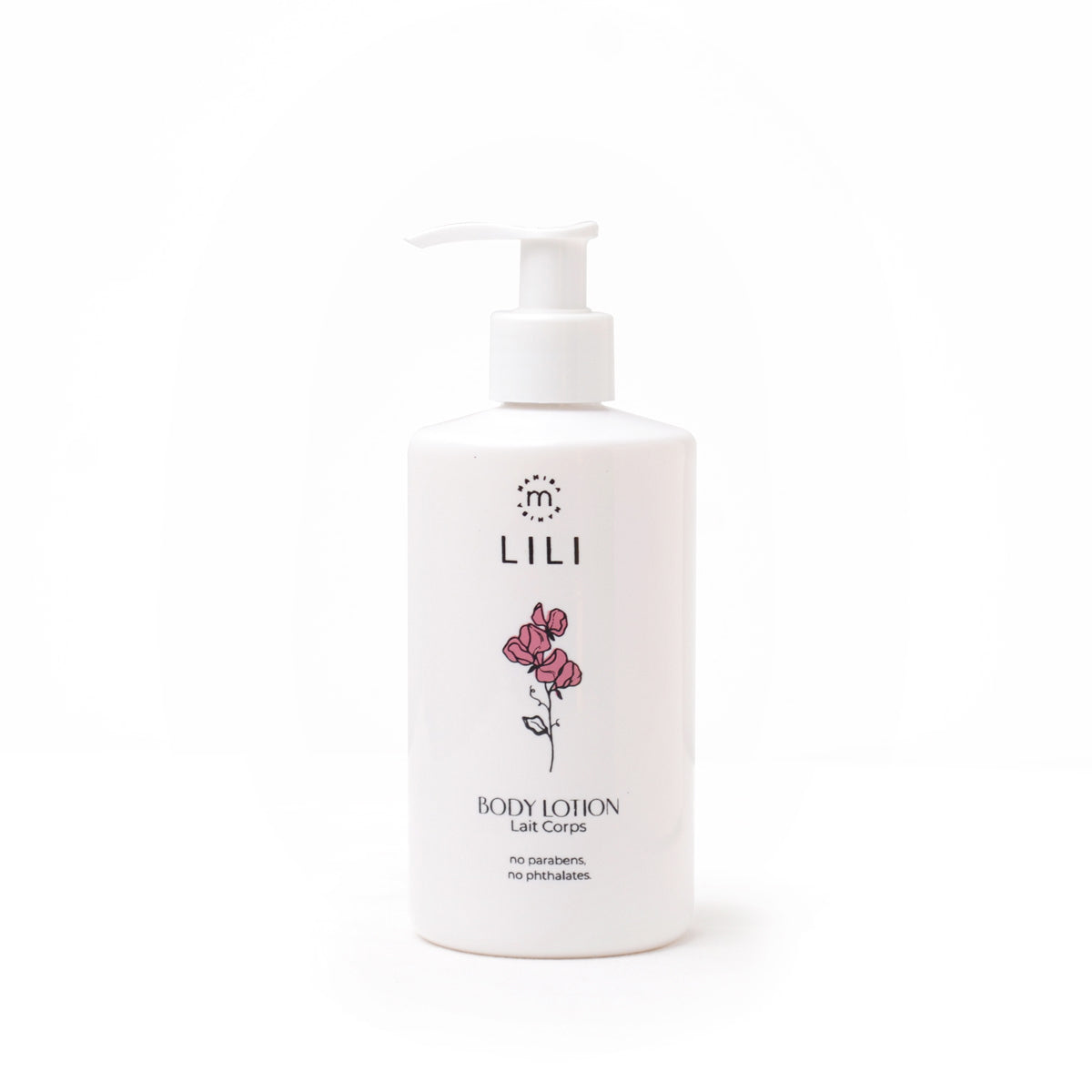 M LILI Hydrating Body Lotion with glycerin and mineral oil in a 300ml pump bottle.